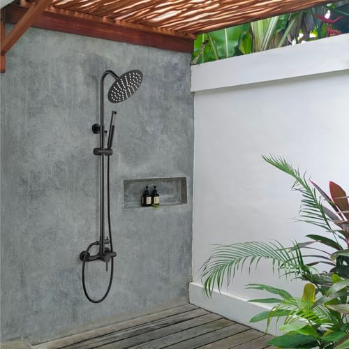 gotonovo 304 Stainless Steel Outdoor Shower Fixtures Exposed,Matte Black | 8 Inch Rain Showerhead with Handheld Sprayer Outdoor Outside Shower Kit System Faucet Head Valve Wall Mount for Pool Backyard - color: Black