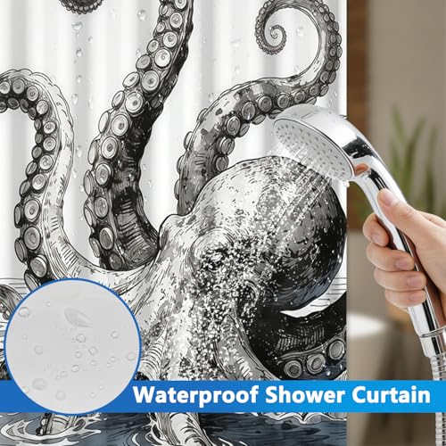 Giant Octopus Shower Curtains for Bathroom, No Hook Shower Curtain with Mesh Top Window and Detachable Liner, 71x74 Inch Waterproof Fabric Ocean Shower Curtain with Built-in Rings and Weighted Bottom - color: Giant Octopus
