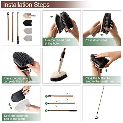 Eyliden Shower Scrubber with Long Handle, 2 Type Head, Tile Tub Scrub Brush | 49" Handle, 2 Different Function Cleaning - 1 Stiff Bristle + 2 Non-Scratch Pads, for Bathroom Grout Sink Glass Kitchen Floor
