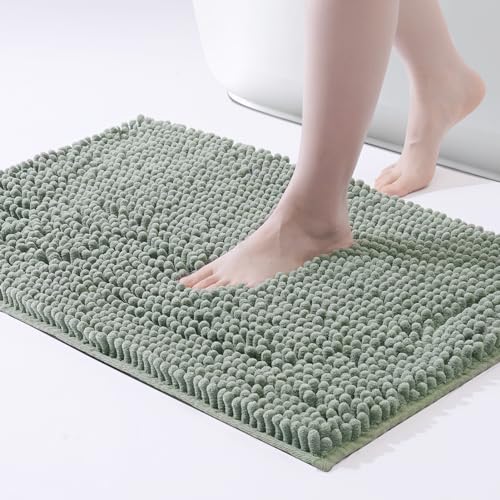 FRESHMINT Chenille Bathroom Rugs Mat 24"x17", Non-Slip Bath Mat for Bathroom Floor & Bathtub, Washable Soft Shower Shag Bath Rugs, Fluffy Thick Water Absorbent Microfiber Shower Mat, Sage Green - color: Sage Green, size: 1'5" x 2' (Rectangular)