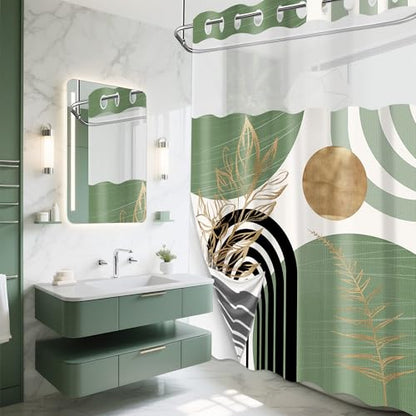 Sage Green Hookless Shower Curtain with Snap in Liner, Boho Mid Century Black and Light Green No Hook Double Layer Shower Curtains and Liner Set, Waterproof Cloth Fabric，71" W X 77" L - color: Green, size: 71"W x 77"L (Pack of 1)