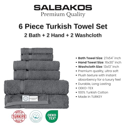 SALBAKOS 100% Turkish Cotton Bathroom Towel Set of 6-Piece, Gray | 630 Gsm Thick Super Soft Highly Absorbent 2 Bath + 2 Hand + 2 Washcloth Towels Sets, Giftable, Hotel Quality, Made in Turkey - color: Gray, size: 6 Piece Towel Set