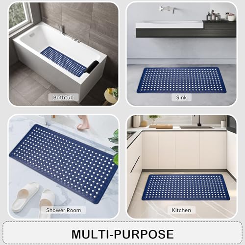 Non-Slip Bathtub and Shower Mats, Power Grip Bath Mat 35 x 16.3 Inch with Suction Cups and Drain Holes for Tub Bathroom Floor Safety, Machine Washable Soft Bathmat, Navy Blue - color: Navy Blue