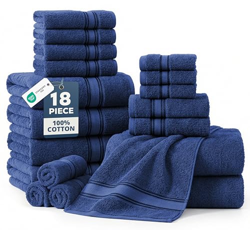 LANE LINEN Bath Towel Set Quick Dry 100% Cotton 18 Piece Soft - Navy | Cotton Bath Towels - Classic Terry Weave, Densely Woven, Coordinated Colors, Everyday Durability, OEKO-TEX Certified - color: 06: Navy Blue, size: 18 Piece Towel Set
