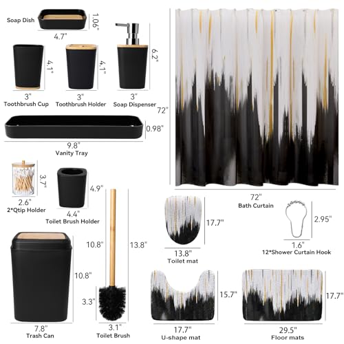 XLHOMO Black Bathroom Accessories Set - 24PCS Bathroom Sets with Shower Curtain and Rugs,Waterproof Black and White Shower Curtain Set, Toilet Brush, Trash Can & Soap Dispenser - size: Bath Set+Shower Curtain+Bath Rugs, style: Black2