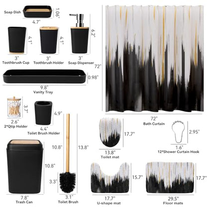XLHOMO Black Bathroom Accessories Set - 24PCS Bathroom Sets with Shower Curtain and Rugs,Waterproof Black and White Shower Curtain Set, Toilet Brush, Trash Can & Soap Dispenser - size: Bath Set+Shower Curtain+Bath Rugs, style: Black2