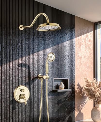 Antique Shower Faucet Head System Set,Polished Gold Vintage Rain Spa Shower Head and Handle Set Complete,Rikaziya luxury Wall 9" Rainfall Handheld Spray Faucet System with Upgrade Brass Valve Trim Kit - color: Polished Gold