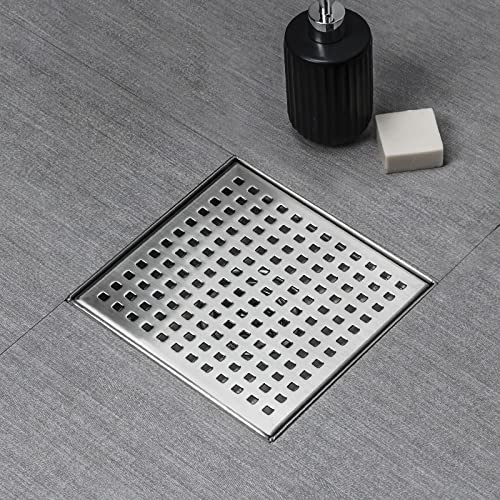 SaniteModar Square Shower Drain 4 inch Brushed with Square Hole Cover | 304 Stainless Steel Brushed Shower Drain with Hair Catcher and Threaded Adapter - color: Quadrato Pattern Grate, size: 4 inch
