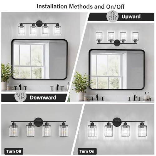 4 Light Bathroom Light Fixtures, Modern Crystal Vanity Lights over Mirror | Metal Frame, Bathroom Light with Square Crystal Shade, ETL Certified, E26 Ceramic Socket, Bulbs Not Included - color: Black, size: 4-Light