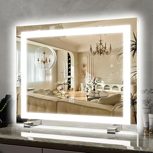 ROLOVE 22x20 Inch Lighted Vanity Mirror, 3-Mode Touch Dimming LED Lighting, Large Makeup Mirror for Dressing Room, Tabletop or Wall-Mounted, White - color: White, size: 22"x20"