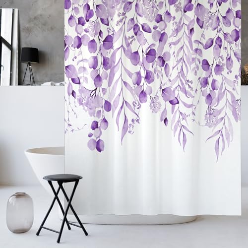 KAIRA Purple Eucalyptus Shower Curtain, Watercolor Plant Leaves with Floral Shower Curtain,72 x 72 Inches, Easy to Clean Waterproof Polyester Fabric Includes 12 Hooks - color: Purple