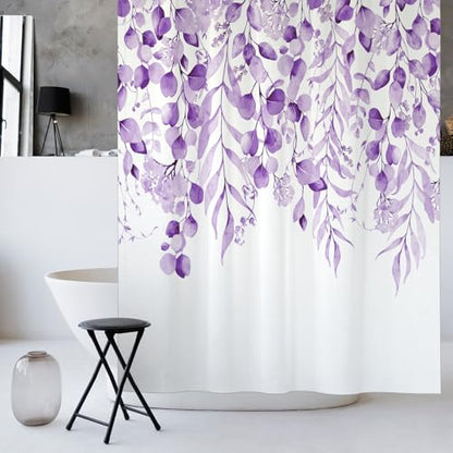 KAIRA Purple Eucalyptus Shower Curtain, Watercolor Plant Leaves with Floral Shower Curtain,72 x 72 Inches, Easy to Clean Waterproof Polyester Fabric Includes 12 Hooks - color: Purple