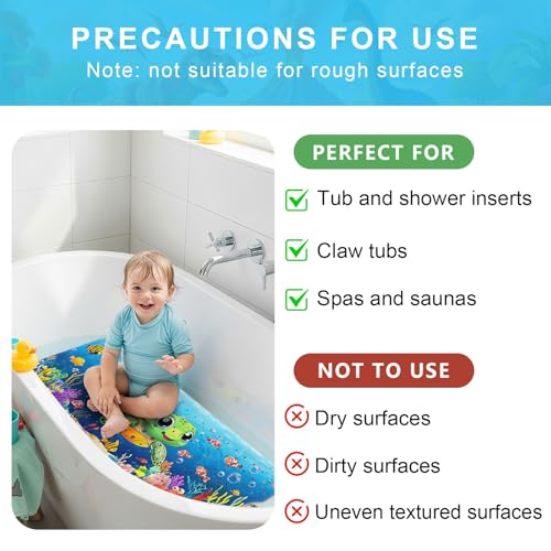 Baby Bath Mat for Tub Non Slip Kids, BPA Free Extra Long Bathtub Mat 40x16 with Drain Holes and 200 Suction Cups, Non Toxic Machine Washable Toddler Bath Mat, No Fading, Baby Turtle - color: V-turtle 3