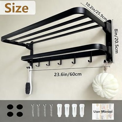 24in Towel Racks Shelf for Bathroom Wall Mounted Organizer for Hotel,Black | Double Space Saving Foldable Rustproof Painted Aluminum L-Shape Modern - size: 1 Tier