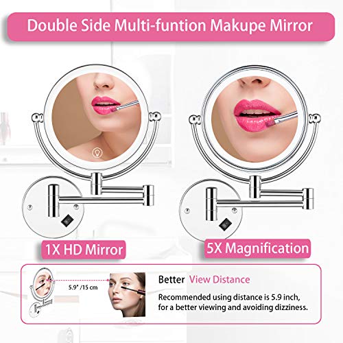 Wall Mounted Lighted Makeup Mirror, 8 Inch Double-Sided 1X 5X Magnifying Mirror for Bathroom, 11'' Extendable Arm, 360° Swivel, Touch DimmableLED Lights, Powered by Plug in, Chrome