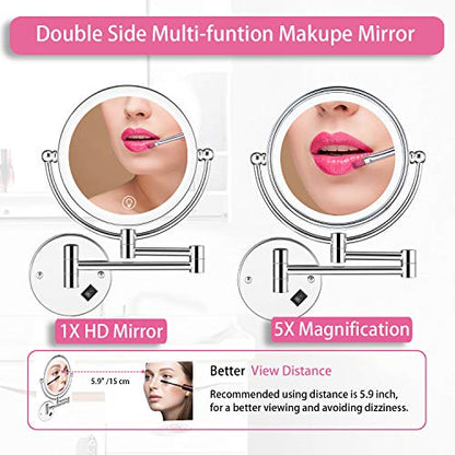 Wall Mounted Lighted Makeup Mirror, 8 Inch Double-Sided 1X 5X Magnifying Mirror for Bathroom, 11'' Extendable Arm, 360° Swivel, Touch DimmableLED Lights, Powered by Plug in, Chrome