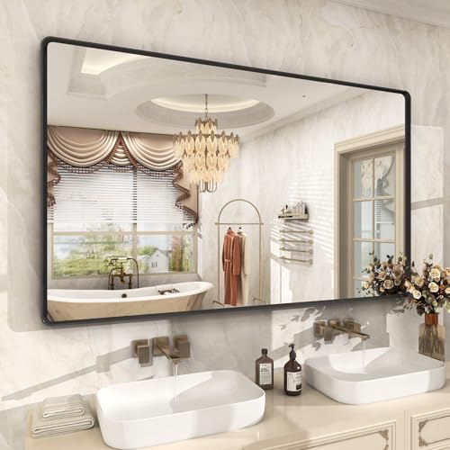 OKPAL 60X36 Inch Black Metal Frame Bathroom Mirror, Large Rounded Rectangle Mirror for Farmhouse, Matte Black Bathroom Vanity Mirror for Wall, Anti-Rust, Shatterproof (Horizontal/Vertical) - color: Matte Black, size: 60"L x 36"W