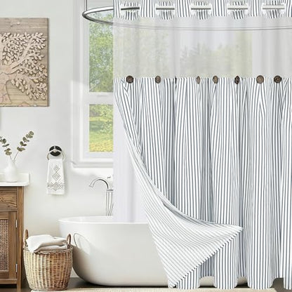 ASPMIZ Farmhouse Striped Shower Curtain and Liner Set No Hook, Grey 71x74 | No Hook Shower Curtain with Snap in Liner Fabric, Rustic Washable Waterproof Bathroom Curtains with Button, Mesh Top Window - color: Grey Striped, size: 71"W x 74"L (Pack of 1), s