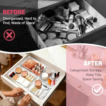 16 PCS Extendable Drawer Organizer Set Clear Stackable Vanity Storage Bins | 2-Size BPA-Free Acrylic Trays, Non-Slip Stackable Boxes for Makeup Cosmetics Office Desk Utensils Bathroom Dresser Countertop