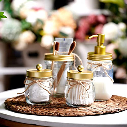 Amolliar Mason Jar Bathroom Accessories Set, 4 Pcs Glass Bathroom Set, Gold | Lotion Soap Dispenser, 2 Cotton Swab Holder, Toothbrush Holder, Farmhouse Rustic Bathroom Decor, Countertop Vanity Organizer - size: Gold, style: Standard-mouth