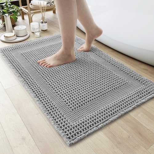 AMOAMI Waffle Bath-Mat, Absorbent Bath Mats for Bathroom Non Slip, Machine Washable Bathroom Rugs with Tassels Ultra Soft Boho Bath Rugs for Floor 18"x30" Grey - color: Grey, size: 18"x30"