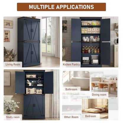 Hlivelood 71" Tall Kitchen Pantry,Farmhouse Storage Cabinet with Adjustable Shelves,Load-Bearing Steel Pipe,Farmhouse Pantry Cabinet with 4 Barn Doors,for Kitchen,Dining Room,Living Room(Blue) - color: Blue