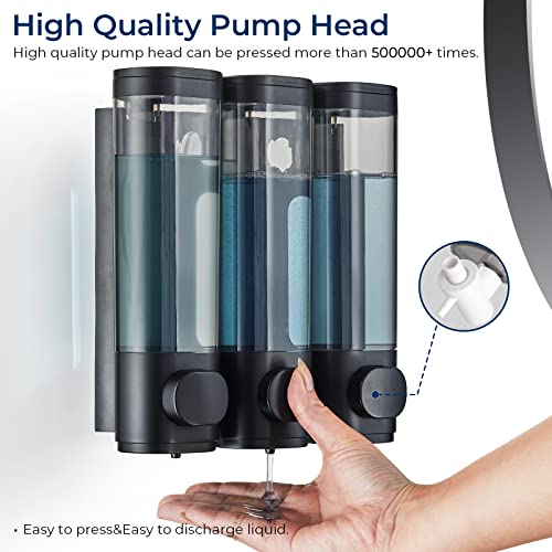 Pollock Shampoo and Conditioner Dispenser Wall Mounted | Shower Soap Dispenser 2 Chamber No Drill, Shampoo Dispenser for Shower, Body Wash Dispenser for Bathroom, Large Capacity - color: Black 3 Chamber