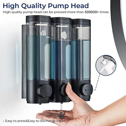 Pollock Shampoo and Conditioner Dispenser Wall Mounted | Shower Soap Dispenser 2 Chamber No Drill, Shampoo Dispenser for Shower, Body Wash Dispenser for Bathroom, Large Capacity - color: Black 3 Chamber