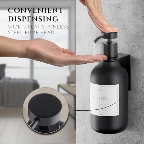 Shower Shampoo Dispenser Wall Mounted – 3 Refillable 16.9 oz Black Bottles with Stainless Steel Pumps & No-Drill Adhesive Holders – Soap Dispenser Set for Bathroom (3 X Black) - color: 3 X Black