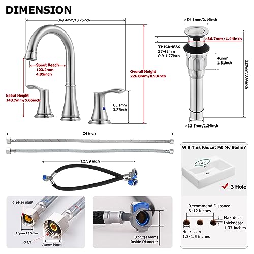 Brushed Nickel Widespread Bathroom Sink Faucet 8 Inch for Vanity | with All Metal Pop Up Drain, High Arc 2 Handle Lead-Free Deck Mount Bathroom Faucet for 3 Hole Lavatory Utility Sink - color: Brushed Nickel