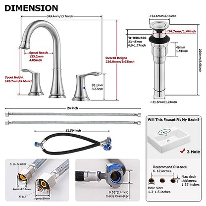 Brushed Nickel Widespread Bathroom Sink Faucet 8 Inch for Vanity | with All Metal Pop Up Drain, High Arc 2 Handle Lead-Free Deck Mount Bathroom Faucet for 3 Hole Lavatory Utility Sink - color: Brushed Nickel
