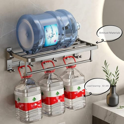 Mustorn Bathroom Towel Rack with Towel Bar and Hooks 23.6 in Foldable Towel Shelf Wall Mounted Lavatory Towel Organizer Modern Gray Finish - color: Matte Gray
