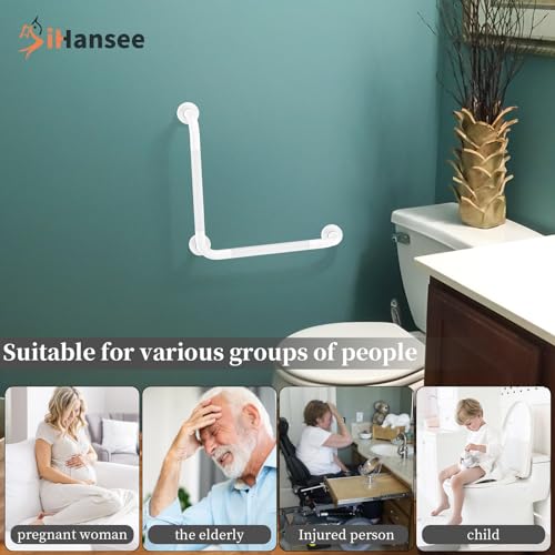 Angled Grab Bar - 16x16 Inch Stainless Steel Knurled Toilet Handles Wall Mounted Bathroom Handicap Safety Rails for Elderly Injured Balance Support, L-Shaped White Grab Bar for Shower | White Bathroom Grab Bar for Senior Elderly, Stainless Steel Handicap