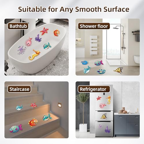 Non Slip Bathtub Stickers, 12 PCS Cute Sea Creature Shower Stickers for Kids Bathtub, Bathtub Non Slip Stickers and Adhesive Decals Scraper for Safety Bathroom Tubs, Shower Floor, Stairs