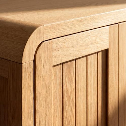 25.4" Bathroom Wall Cabinet with Grooved Doors & Open Shelf, Oak | Grooved Double Doors / Rounded Edges / 3-Position Shelf / Open Storage / Hanging Rail Mount / Natural Oak Finish