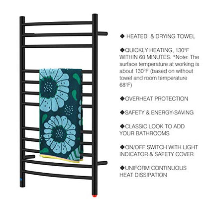 12-Bar Curved Towel Warmer, Heated Towel Rack with Timer, Black | 12 Curved Heating Bars, Timer And Temperature Control, 160W Power, Wall-Mounted Design, Plug-In Or Hardwired Installation - color: Matte Black