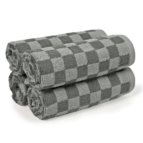 Jacquotha Grey Checkered Washcloths Set of 4 - Cotton Face Towels 13" x 13" | Soft Wash Cloths Facecloths, Bathroom & Showering, Kitchen Rags, Skincare & Makeup Routine, Cute Aesthetic - color: Grey