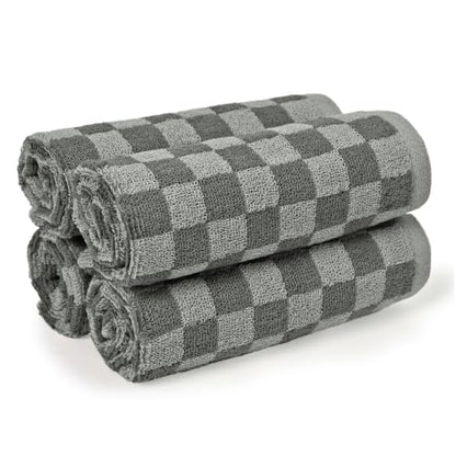 Jacquotha Grey Checkered Washcloths Set of 4 - Cotton Face Towels 13" x 13" | Soft Wash Cloths Facecloths, Bathroom & Showering, Kitchen Rags, Skincare & Makeup Routine, Cute Aesthetic - color: Grey