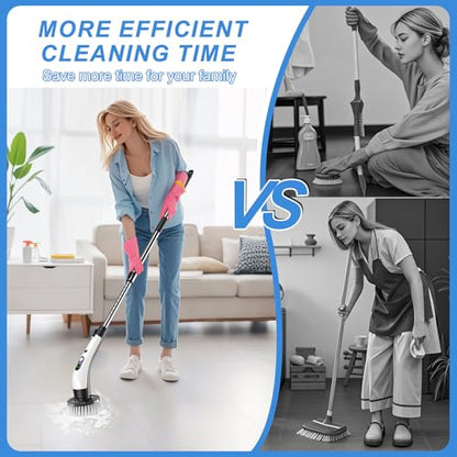 Electric Spin Scrubber with Power LCD Display, Cordless Bathroom Cleaning Brush with Adjustable Extension Handle, 400RPM/Mins, 9 Replaceable Brush Heads, IPX7 Waterproof for Shower, Bathtub, Tile - style: Long Handle