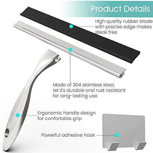 Shower Squeegee for Shower Doors, All Purpose Shower Window Squeegee for Shower Glass Door, Mirror and Car, Bathroom Squeegee for Shower with Hook, Stainless Steel (Silver, 10 in)