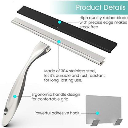 Shower Squeegee for Shower Doors, All Purpose Shower Window Squeegee for Shower Glass Door, Mirror and Car, Bathroom Squeegee for Shower with Hook, Stainless Steel (Silver, 10 in)