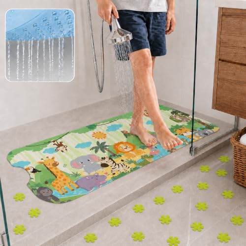 Cinrobiye Bath Mat for Tub Non Slip, 40 x 16 Inch Woodland Animal Cartoon Bathtub Shower Mat with Suction Cups and Drain Holes, Waterproof Machine Washable Bathroom Mat - color: Green