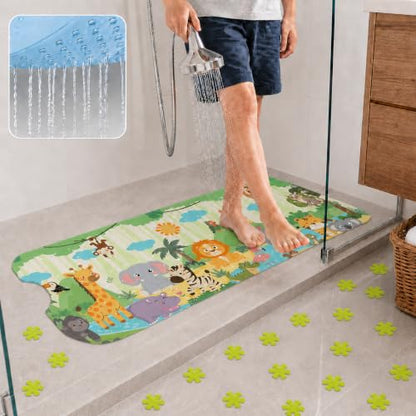 Cinrobiye Bath Mat for Tub Non Slip, 40 x 16 Inch Woodland Animal Cartoon Bathtub Shower Mat with Suction Cups and Drain Holes, Waterproof Machine Washable Bathroom Mat - color: Green