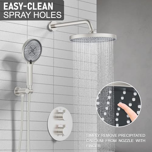 KOJOX Thermostatic Shower System 10-Inch Rainfall Shower Head - 3 Setting Handheld Sprayer, Complete Bathroom Set with Faucet Mixer Trim Kit & Valve Brushed Nickel, KJT1005N