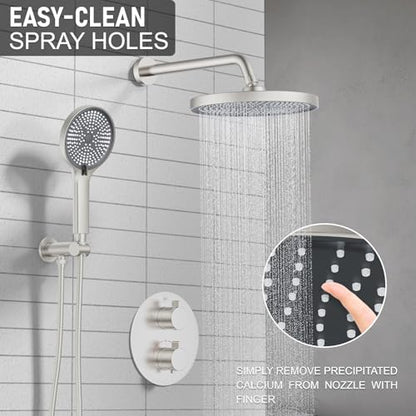 KOJOX Thermostatic Shower System 10-Inch Rainfall Shower Head - 3 Setting Handheld Sprayer, Complete Bathroom Set with Faucet Mixer Trim Kit & Valve Brushed Nickel, KJT1005N
