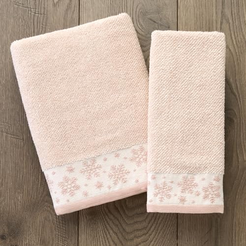 SKL Home Christmas/Winter Heather Snowflake Hand Towel Set-2pc, Blush Pink | 100% Cotton. 500 GSM. Plush & absorbent jacquard. Great for the bathroom, kitchen or bar & gifting. - color: Heather Snowflake (Blush), style: Hand Towel Set
