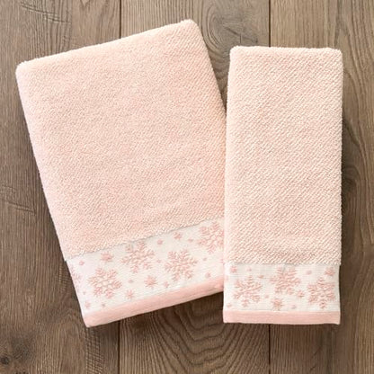 SKL Home Christmas/Winter Heather Snowflake Hand Towel Set-2pc, Blush Pink | 100% Cotton. 500 GSM. Plush & absorbent jacquard. Great for the bathroom, kitchen or bar & gifting. - color: Heather Snowflake (Blush), style: Hand Towel Set