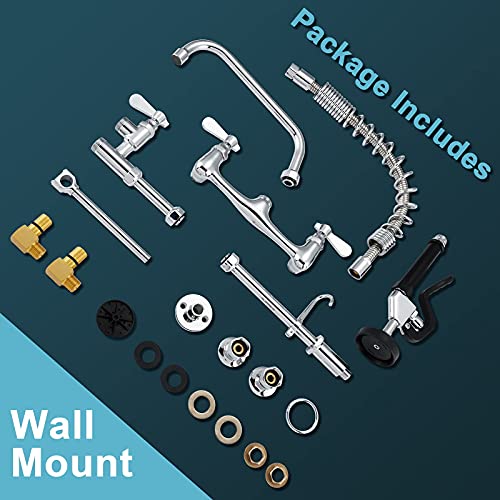Commercial Sink Faucets with Sprayer 25 Inches Wall Mount Kitchen Faucet with Pull Down Pre-Rinse Sprayer and 10" Swivel Spout 8 Inch Center Compartment Sink Faucet - size: Wall 25 Inches