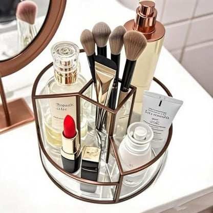 360° Rotate Makeup Brush Holder, Makeup Organizers Countertop, Perfume Tray, Bathroom Organizer and Storage for Eyeliner,Lipstick, Lazy Susan Organizer for Vanity Cabinet Dresser Bathroom (Brass)