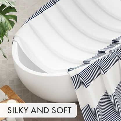 AmazerBath Navy Blue Shower Curtain, Blue and White Striped Bathroom Shower Curtain with 12 Shower Curtain Hooks, Rustic Fabric Blue and White, 72x72 Inches - color: A- Blue Stripe +12 Metal Hooks, size: 72"W x 72"L (Pack of 1)